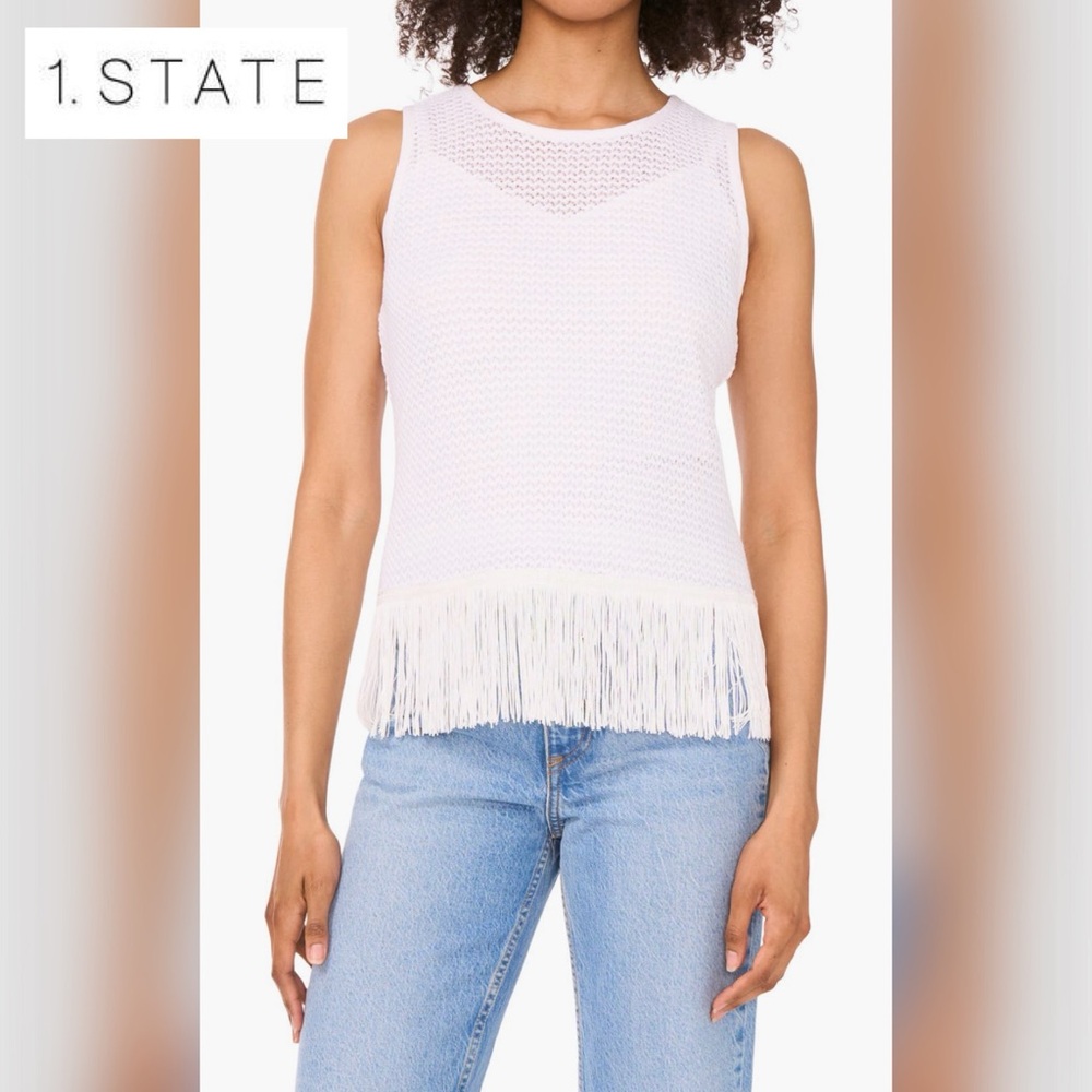 1. State Women's White Open Stitch Fringe Tank Top
